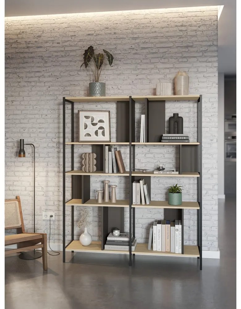 Bibliotecă neagră/în culoare naturală cu aspect de lemn de stejar 144x175 cm Alabama – Marckeric