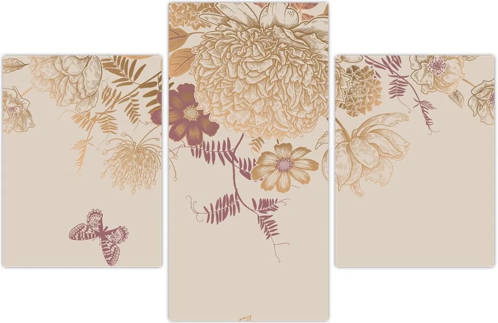 Tablou - Vintage, flori și fluturi (90x60 cm)