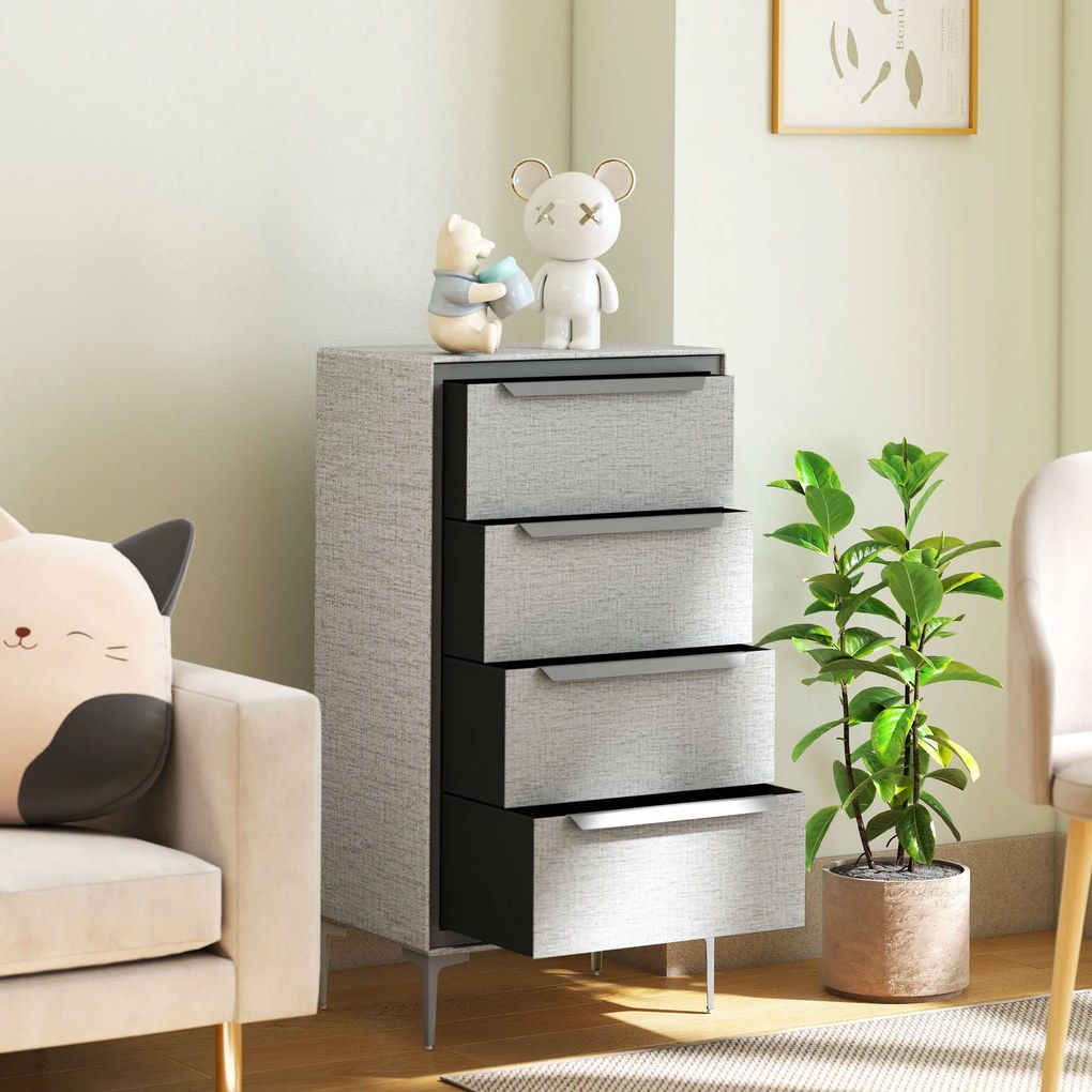 HOMCOM Comoda cu 4 Sertare în Oțel cu Acoperire în Țesut cu Efect de In, 60x36x88 cm, Gri | Aosom Romania