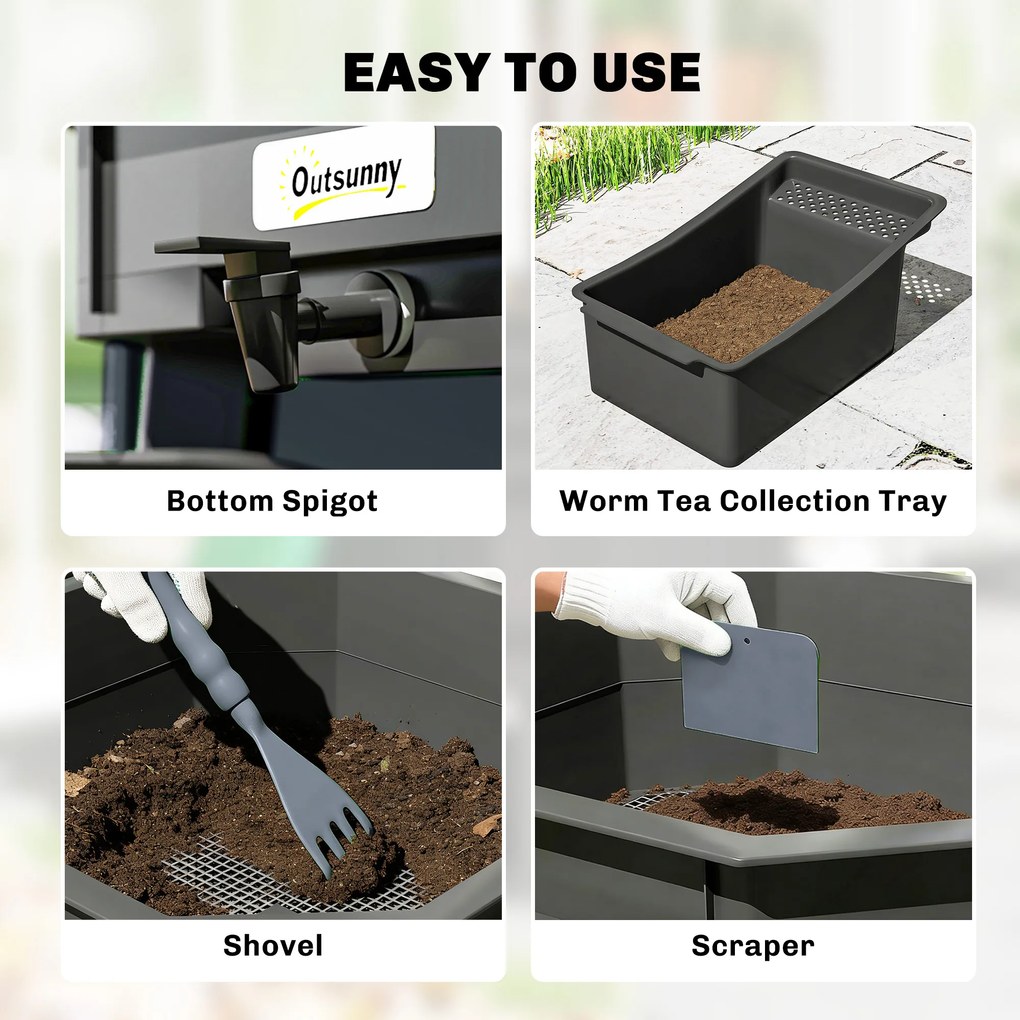 Outsunny Compostor 28 litri, 39 x 39 x 51,5 cm Compostor rapid cu tăvi, rezistent la intemperii, compostor termic Gri închis | Aosom Romania