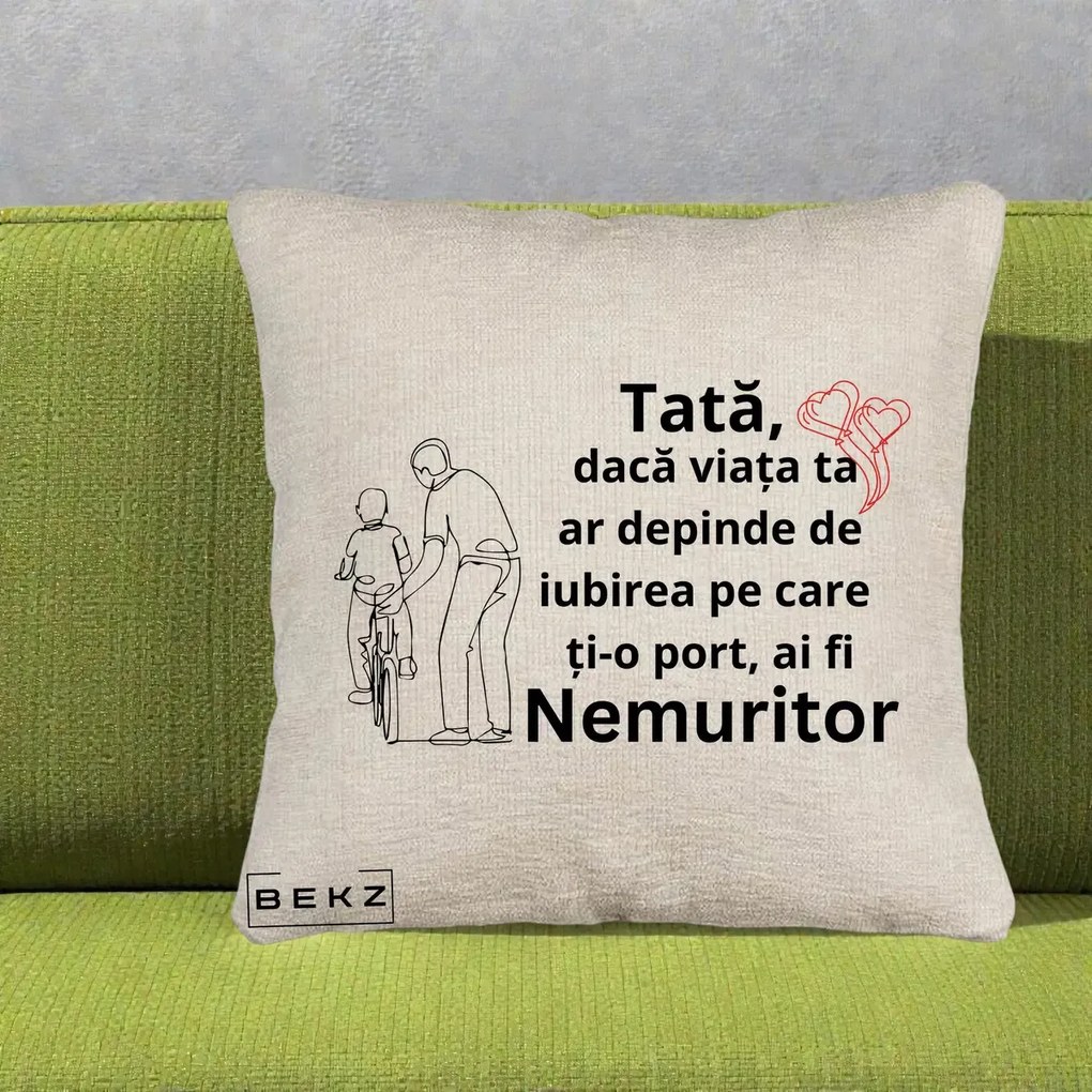 Cadou pentru Tata - Perna Personalizata Tata Nemuritor Bicicleta, 40x40 cm, Bej Canapea, Husa Detasabila, Perna Inclusa, BEKZ®