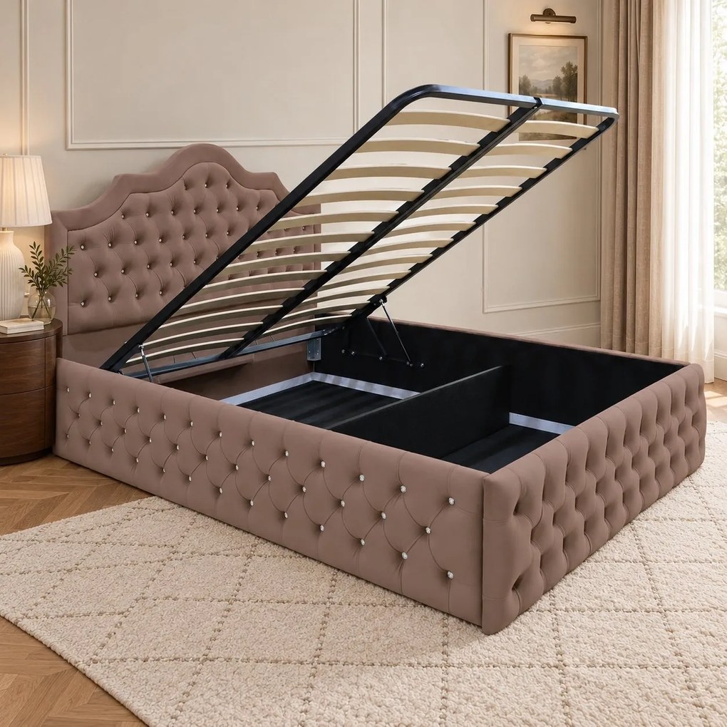 Pat tapițat Chesterfield din catifea Imperio Deluxe 160×200 cm, cappuccino, cu ladă de depozitare