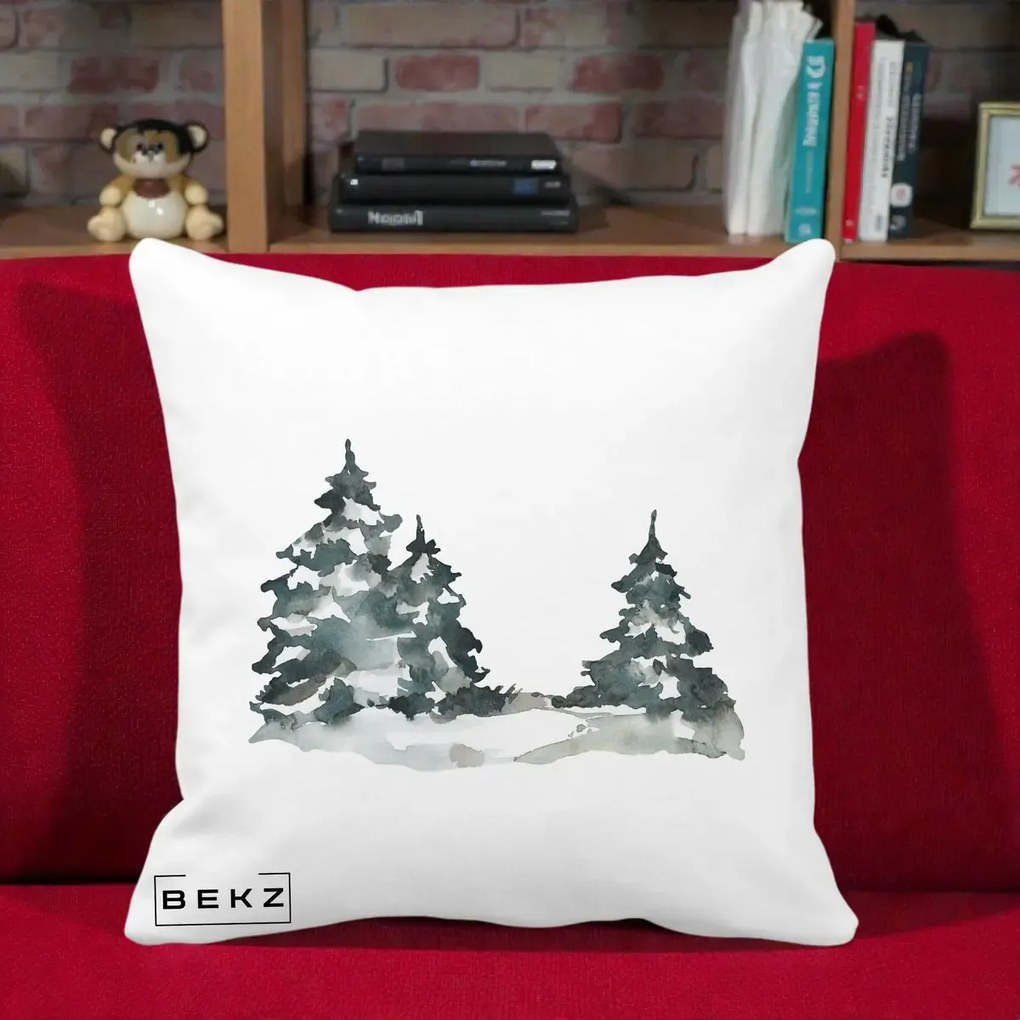 Perna Decorativa Brazi Inzapeziti Acuarela, 40x40 cm, Alba Mata, Husa Detasabila, Perna Inclusa, BEKZ®