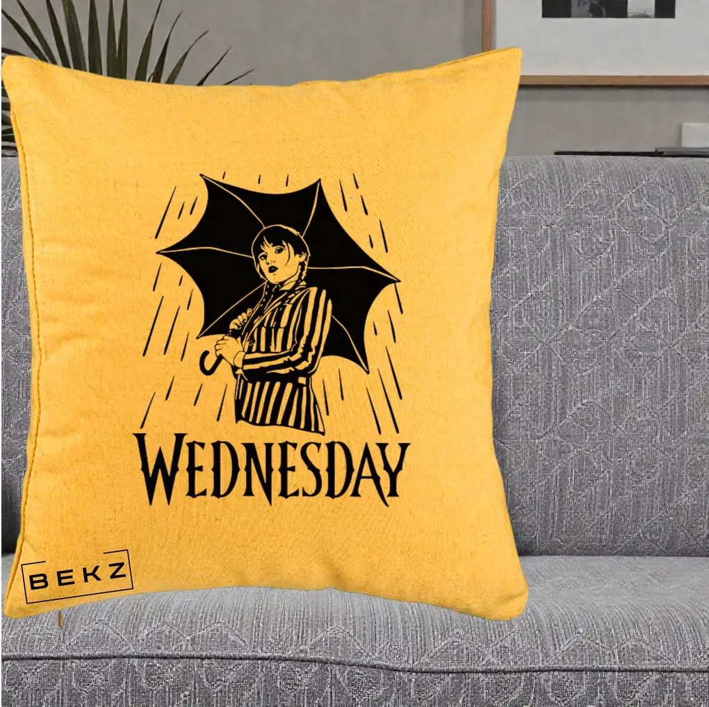 Perna Personalizata Wednesday cu Umbrela Ploaie Lineart, 40x40 cm, Galben, Husa Detasabila, Perna Inclusa, BEKZ®