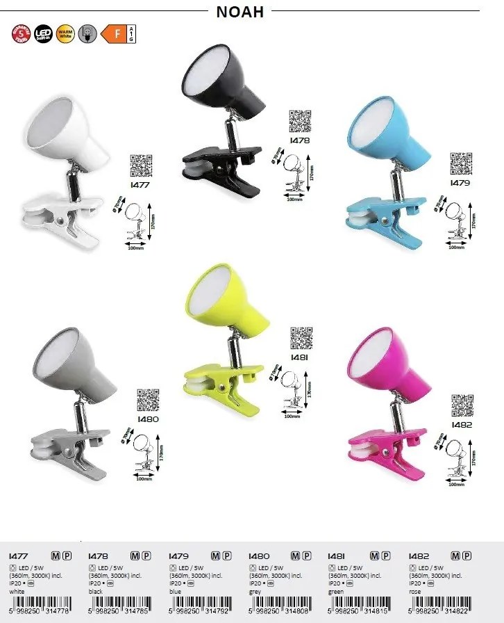 Veioza, lampa de birou cu clema design modern Noah gri