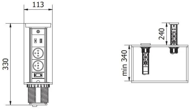 Priza incorporabila turn, 2 prize schuko, USB A+C, incarcare Wireless 10 W, lumina de veghe, cablu 1.5 m, neagra, GTV