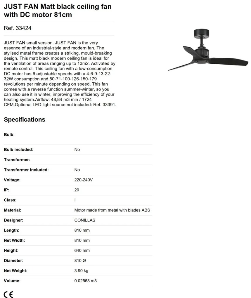 Ventilator de tavan cu telecomanda design modern JUST FAN negru