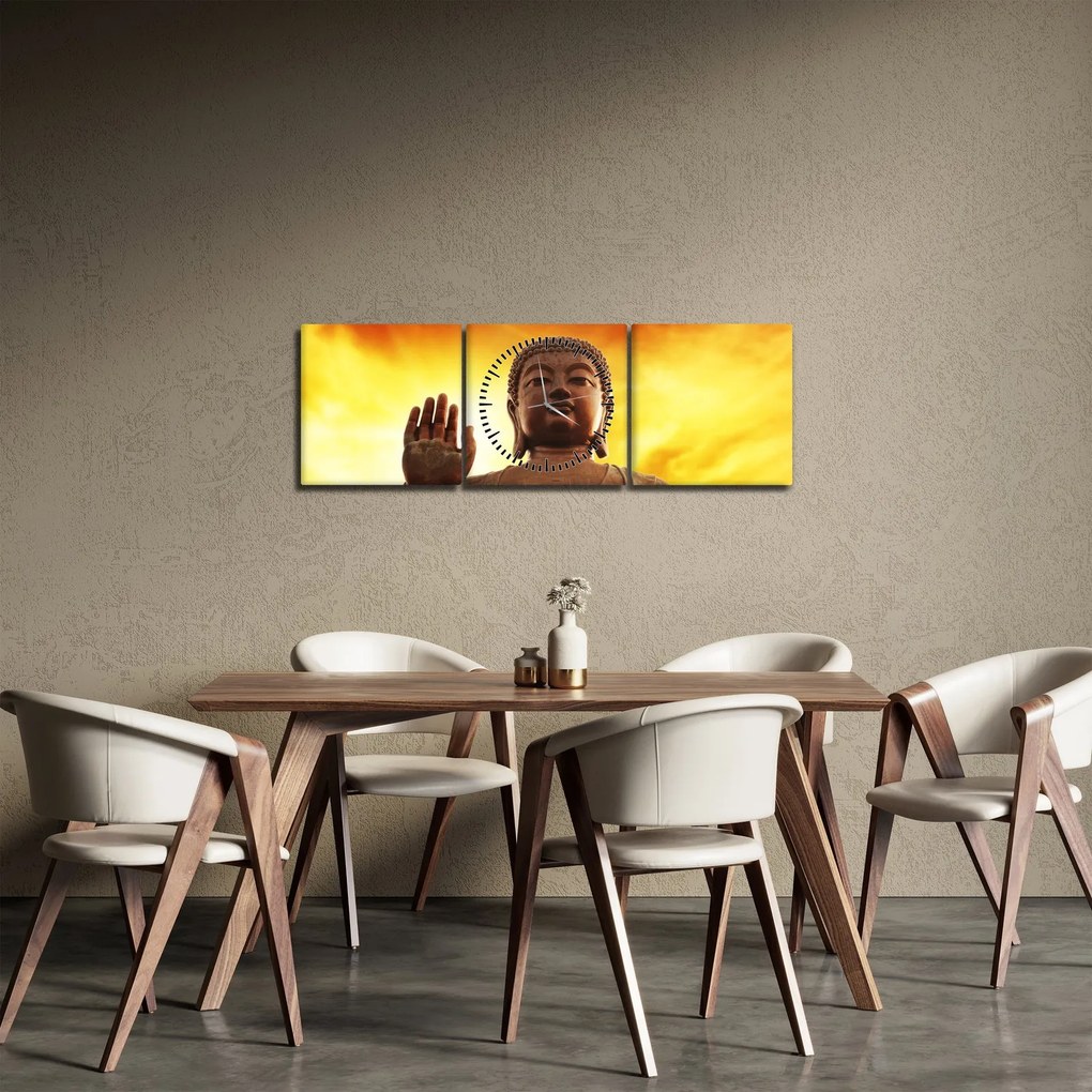 Tablou - Buddha cu fundal roșu și galben (cu ceas) (90x30 cm)