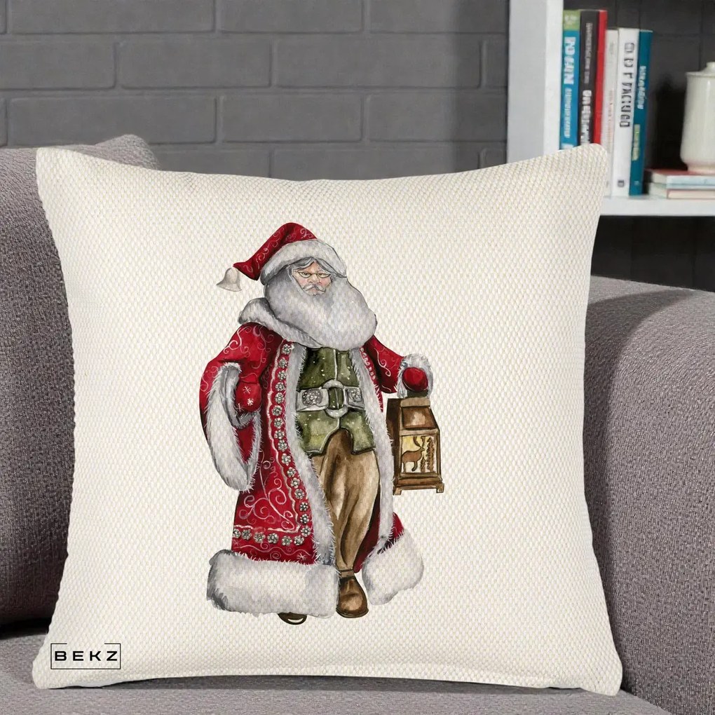 Perna decorativa de Craciun: Mos Craciun Vintage cu Felinar, 45x45 cm cu Umplutura, Crem Reliefat, BEKZ