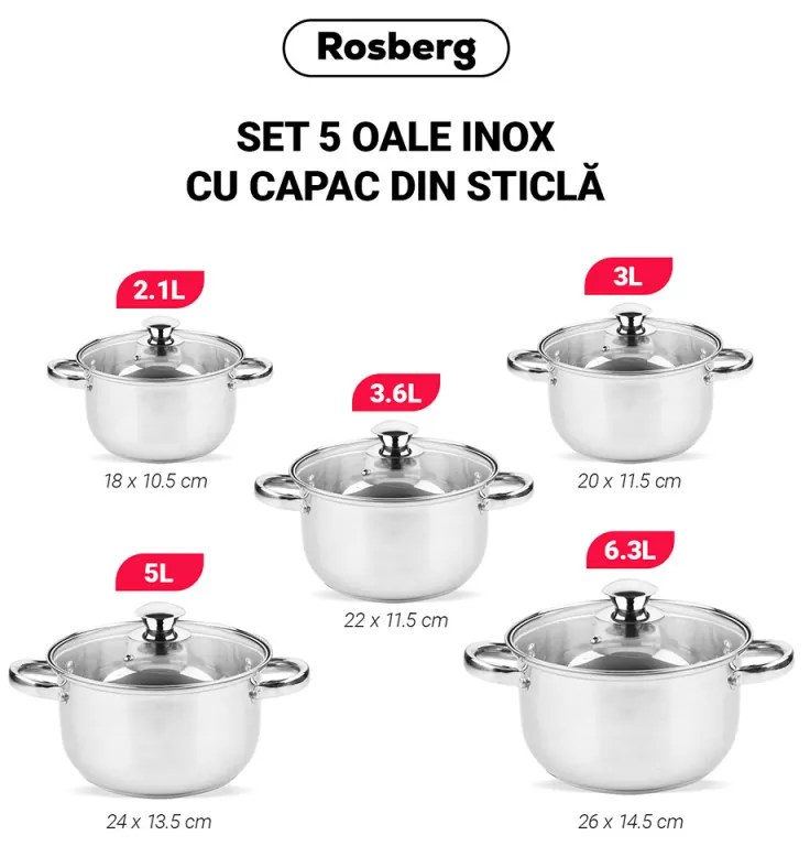 Set oale Rosberg R51210O10, 10 piese, 2.1-6.3 L, Otel inoxidabil, Argintiu