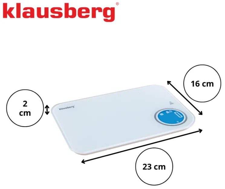 Cantar de bucatarie Klausberg KB 7938, 5 Kg, Bluetooth, Aplicatie mobila, LCD, Tare, 4 indicatori, Lichide, Indicatori, Alb/albastru