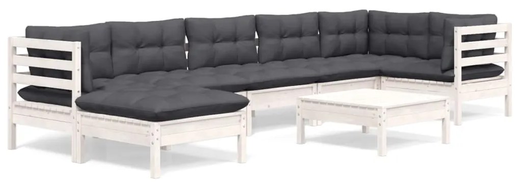 vidaXL Set mobilier de grădină cu perne, 8 piese, alb, lemn masiv pin