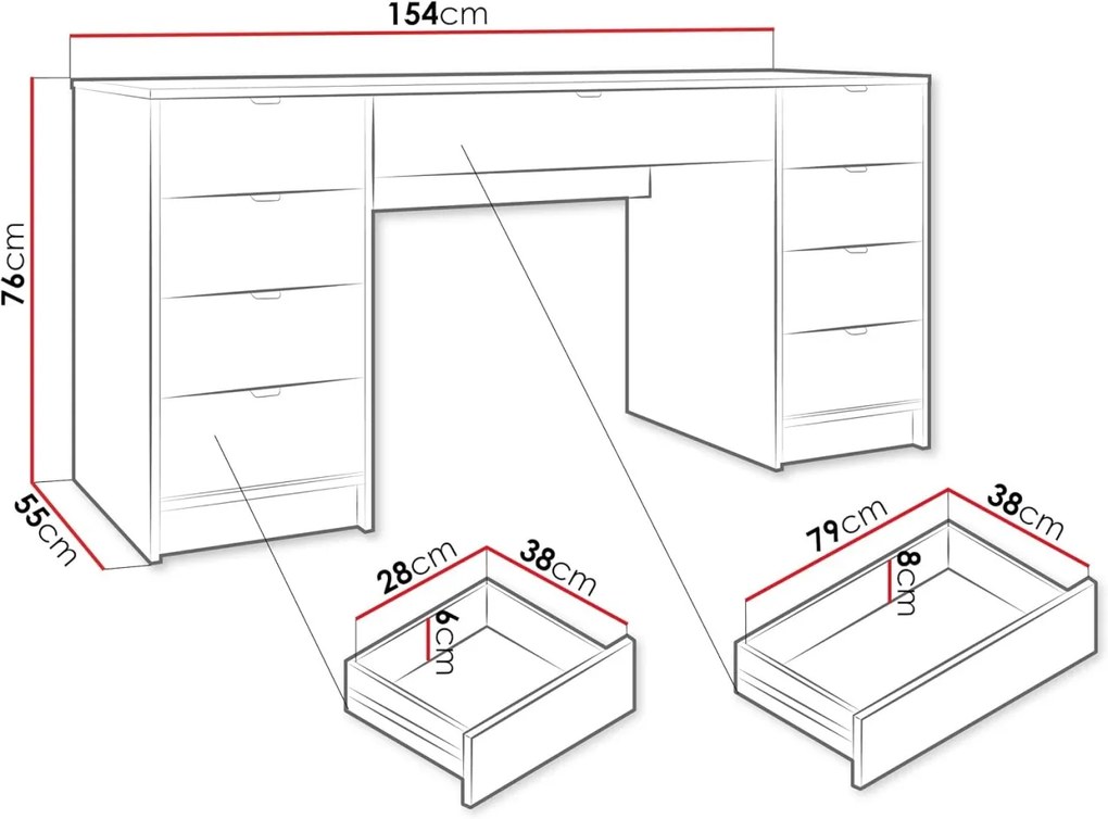 BIA7 - Birou 154 cm, masa de calculator cu 9 sertare, office - Alb / Negru / Crem cu Riflaje