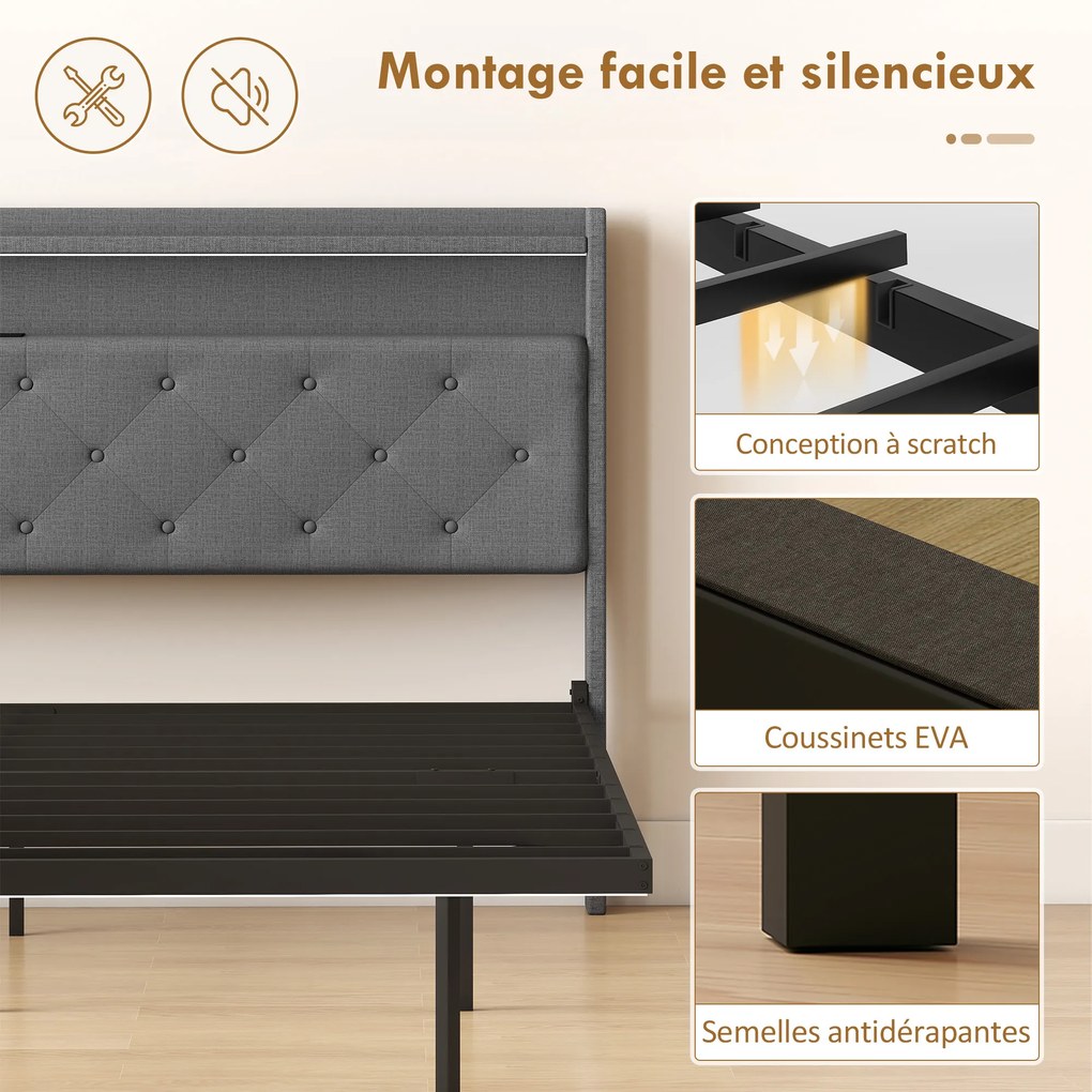 HOMCOM Cadru de pat 160 x 200 cm cu somieră din oțel, pat dublu plutitor cu lumini LED RGB și stație de încărcare, gri | Aosom Romania