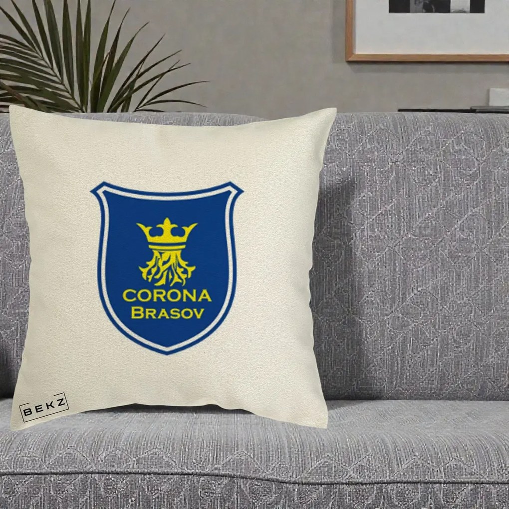 Perna Personalizata Corona Brasov Fotbal, 40x40 cm, Ecru, Husa Detasabila, Perna Inclusa, BEKZ®
