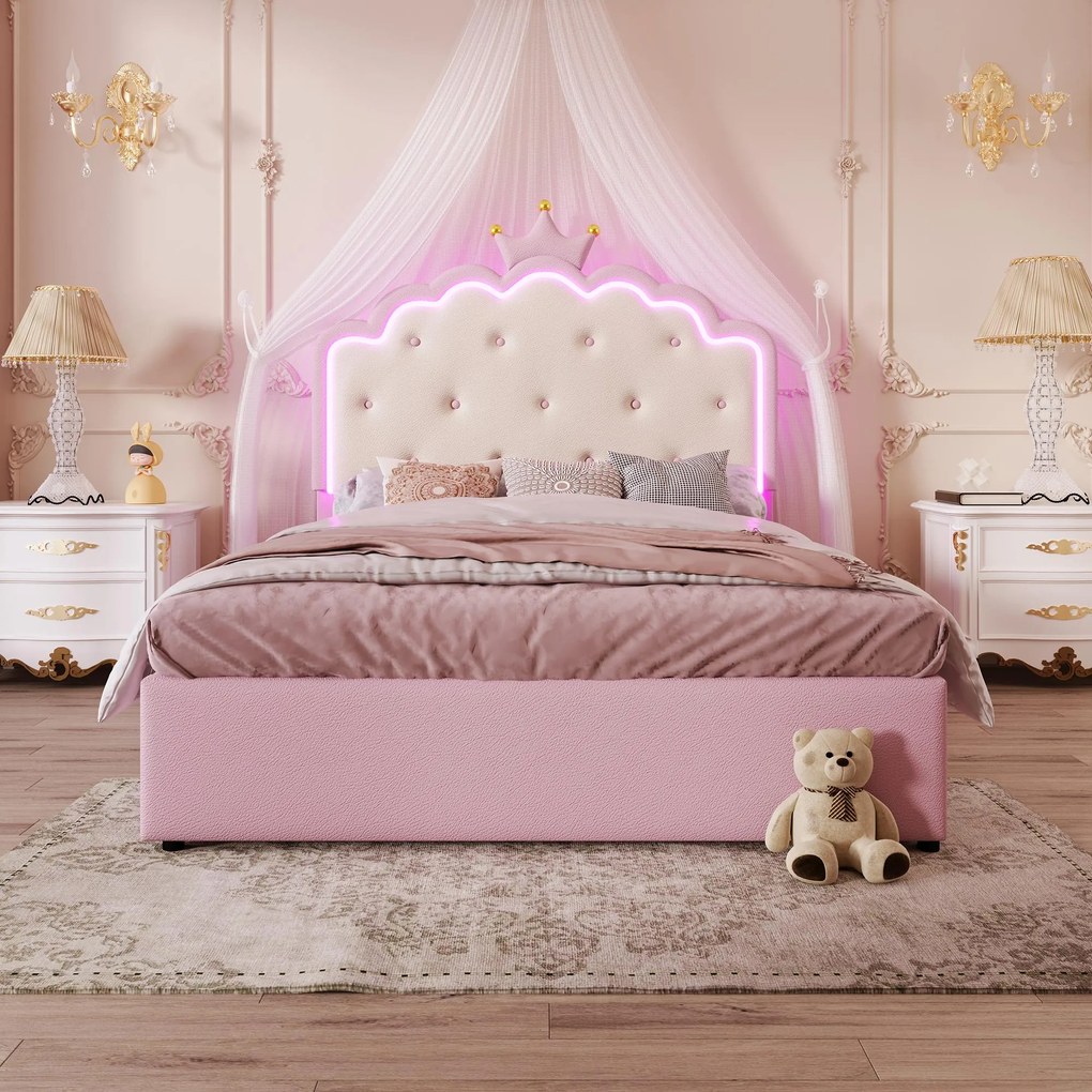 Pat tapițat 140x200 cm cu somieră cu lamele, pat extensibil și 2 sertare, fără saltea, Roz