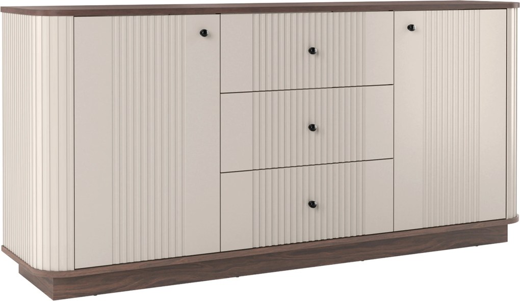 Comodă cu sertare pe soclu Vesper 160 cm - cașmir / nuc / mânere negre