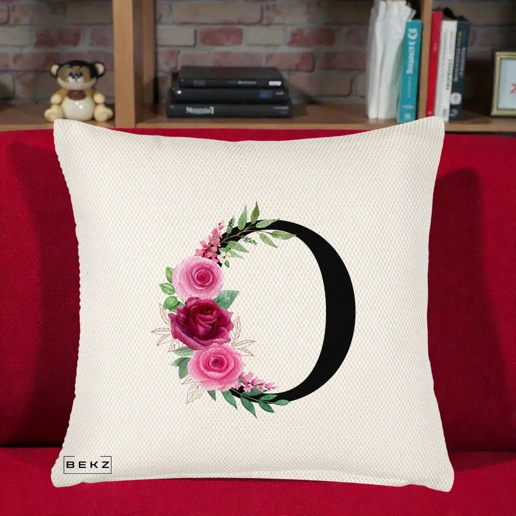 Cadou Personalizat - Perna Personalizata Monograma Florala Litera O, 40x40 cm, Crem Reliefat, Husa Detasabila, Perna Inclusa, BEKZ®