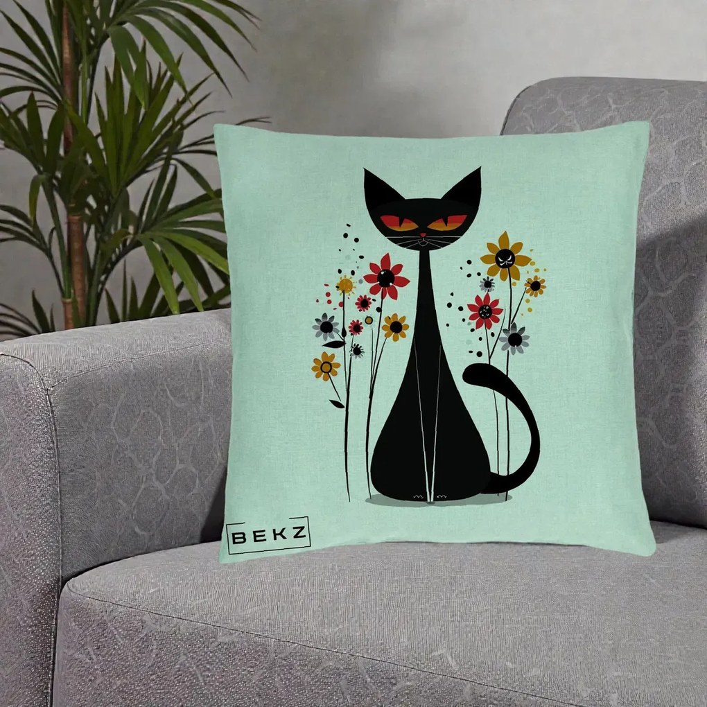 Perna Decorativa Pisica Neagra Ochi Rosii Flori, 40x40 cm, Verde Menta, Husa Detasabila, Perna Inclusa, BEKZ®