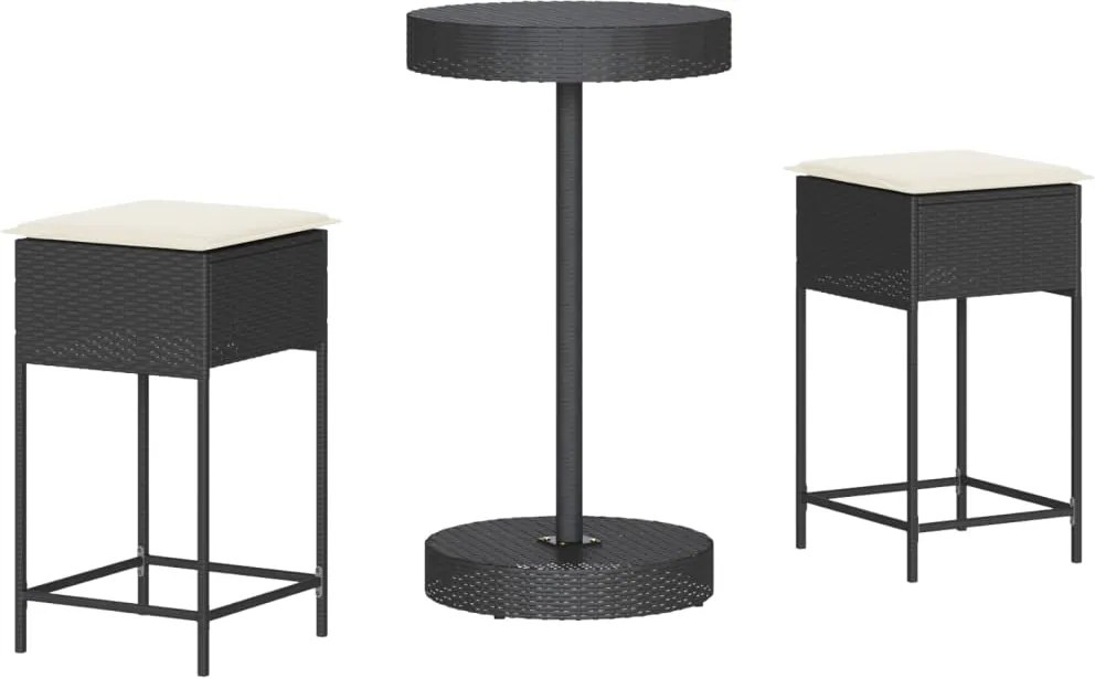vidaXL Set mobilier bar de grădină cu perne, 3 piese, negru, poliratan