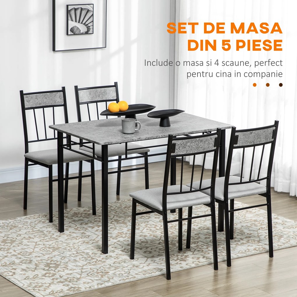 HOMCOM Set 5 Piese Masa Dreptunghiulară Metal MDF 4 Scaune Design Modern pentru Dining | Aosom Romania