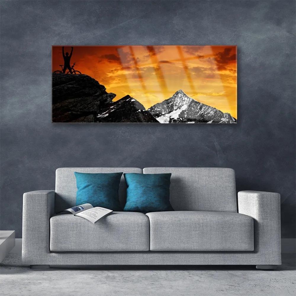 Tablou pe sticla Munții Peisaj Orange Gri Negru
