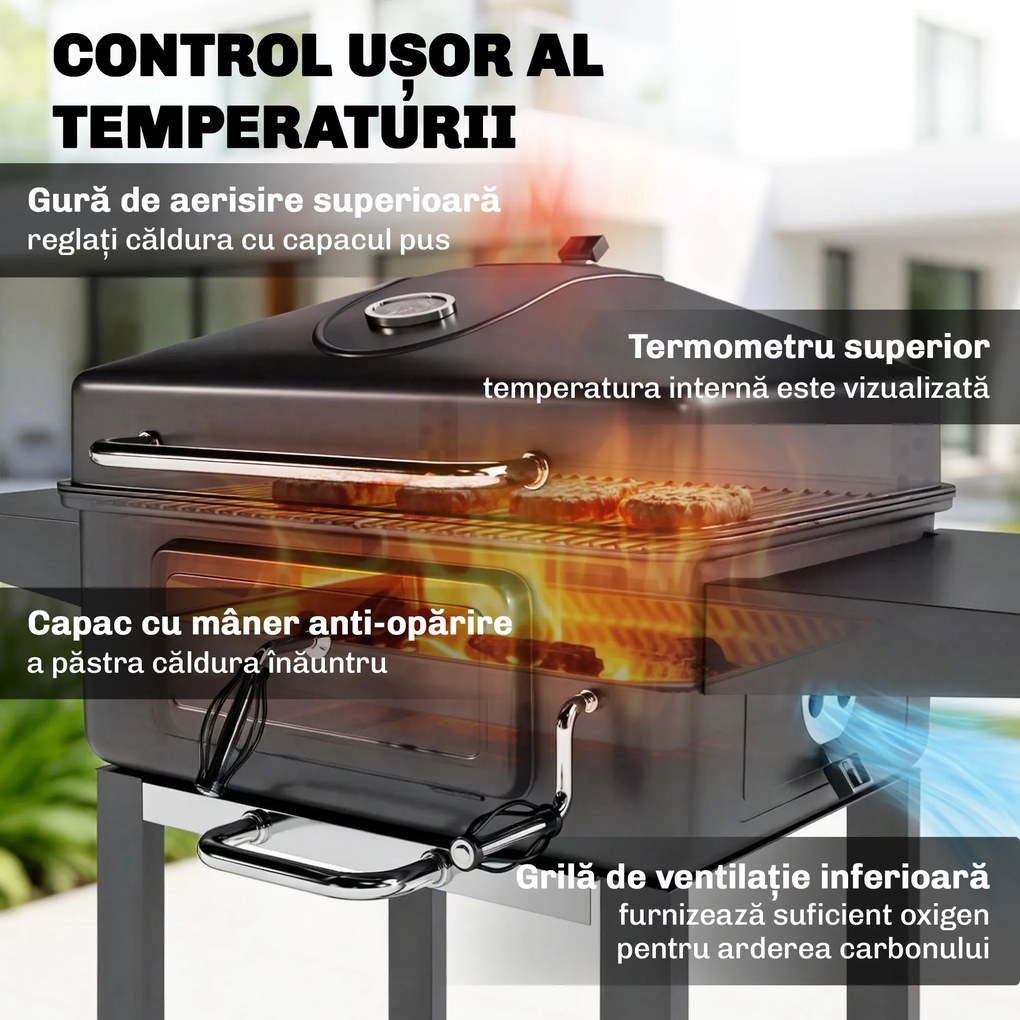 Outsunny Grătar pe Cărbune, Afumător Portabil cu Ventilație, Termometru și Rafturi Laterale, Negru | Aosom Romania