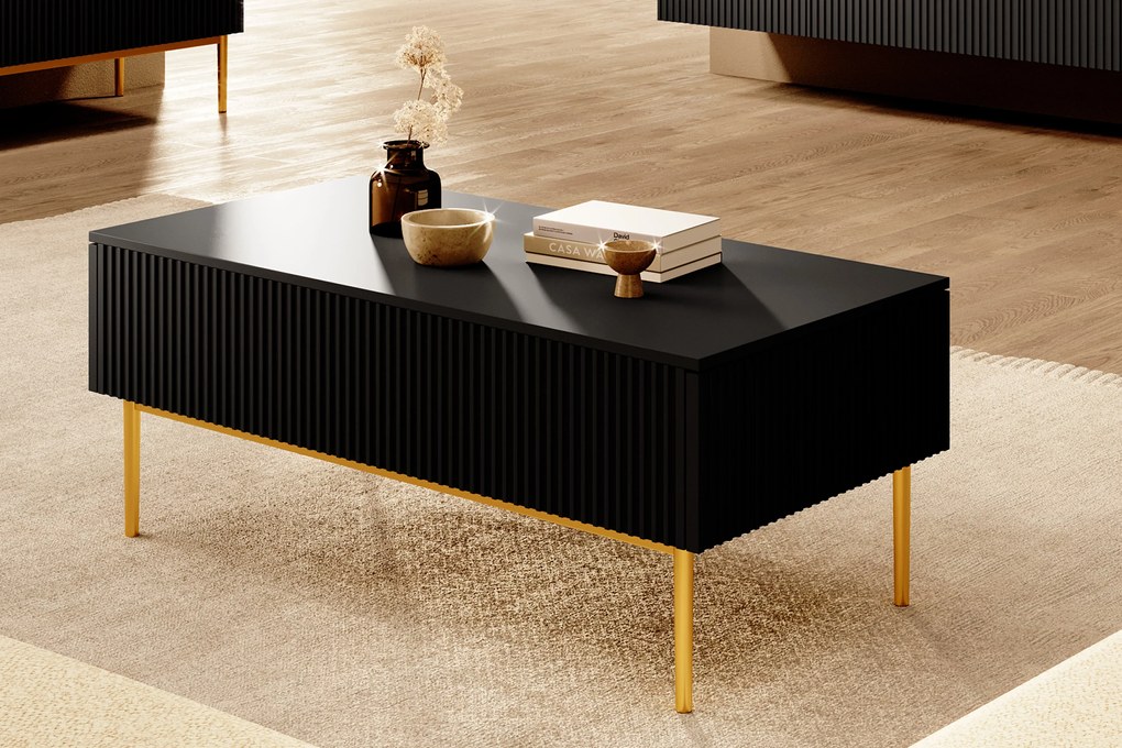 Masuta de cafea Nicole 120 cm cu sertare si picioare metalice - picioare negru mat / auriu