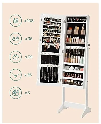 Dulap pentru depozitare bijuterii si oglinda, Songmics, UJJC002W01, Plastic