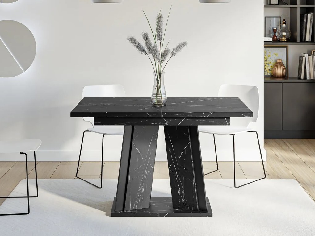 Masă sufragerie extensibilă Ledysa (Negru Marmură royal + lucios negru) (pentru 2-6 persoane). 1105398