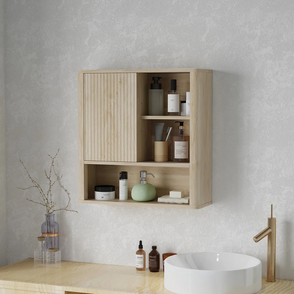 HOMCOM Dulap de baie montabil pe perete cu rafturi reglabile, ușă glisantă și rafturi deschise, lemn natural | Aosom Romania