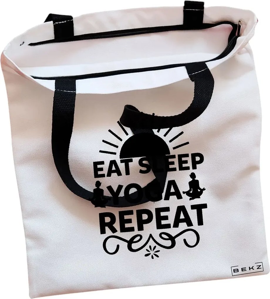 Sacosa de Panza pentru Cumparaturi, Geanta Tote, Yoga Eat Sleap Yoga Repeat, Cu fermoar, 38x34.5 cm, Alba, BEKZ®