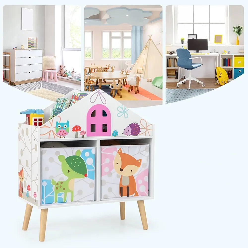 Raftă pentru cărți în formă de casă cu 2 cutii de depozitare