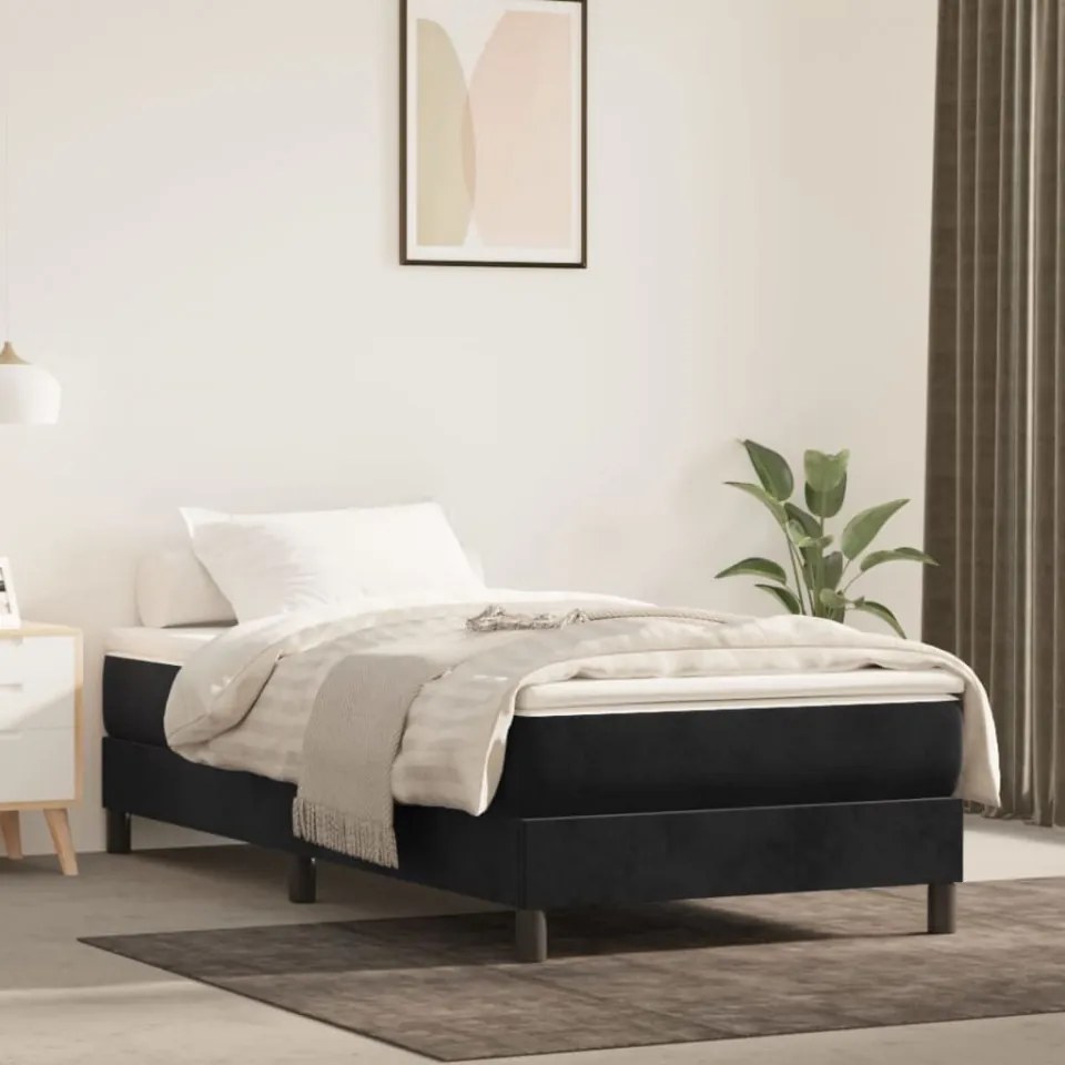 Pat box spring cu saltea, negru, 90x200 cm, catifea