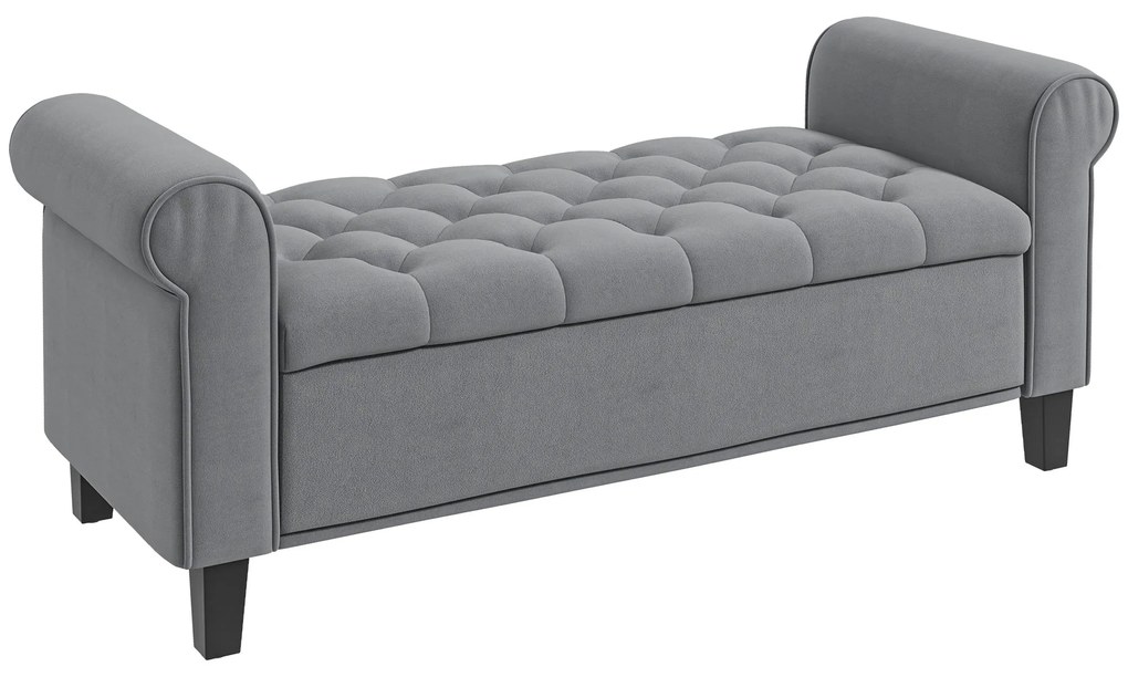 HOMCOM Bancuta Hol Banca Pat Matrimonial cu Depozitare si Cotiere Rulate, 126x48.5x57 cm, Banca Pat Gri | Aosom Romania