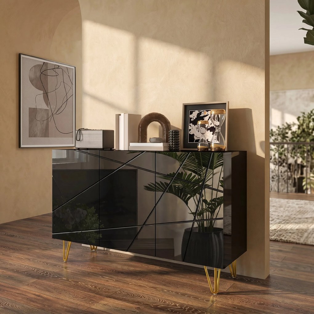 HOMCOM Dulap de Depozitare cu 2 Dulapuri și Raft Reglabil pe 3 Niveluri, Bufet Modern din PAL și Metal, 120x40x75 cm, Negru și Auriu | Aosom Romania