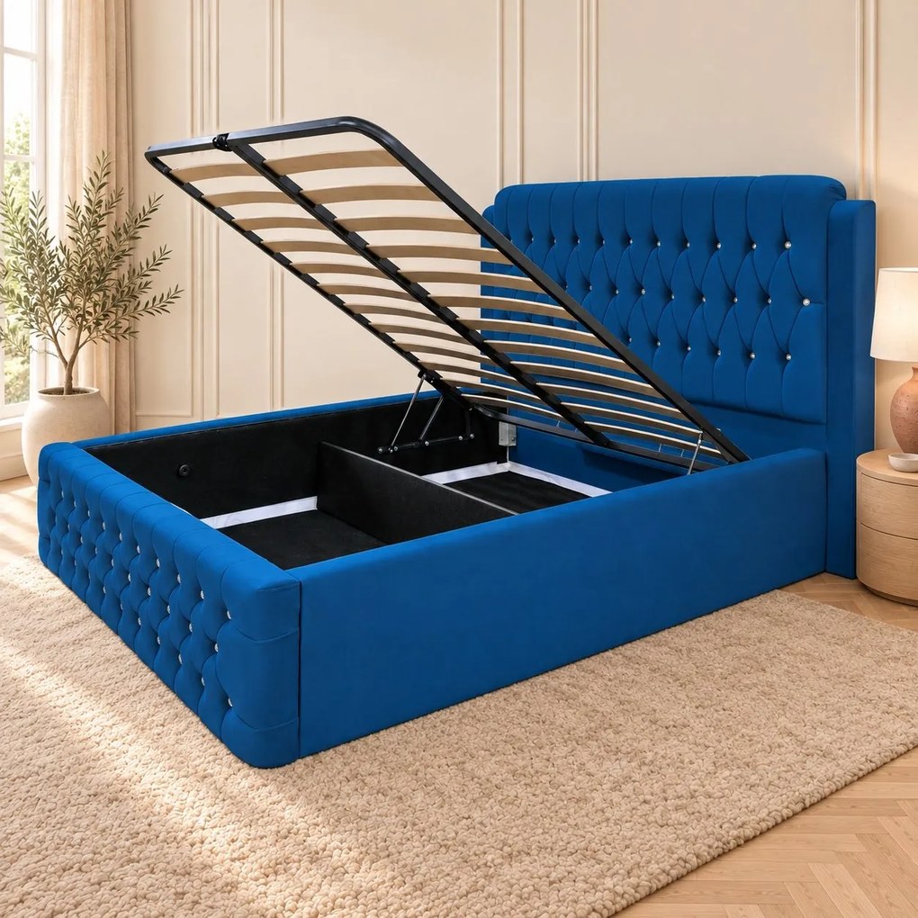 Pat tapițat Chesterfield din catifea Aveline Deluxe 160×200 cm, albastru, cu ladă de depozitare