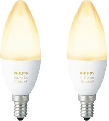 Becuri LED variabile Philips Hue E14 6W 470 lumeni, glob mat lumanare, lumina alba 2200-6500K, 2 bucati fara controller