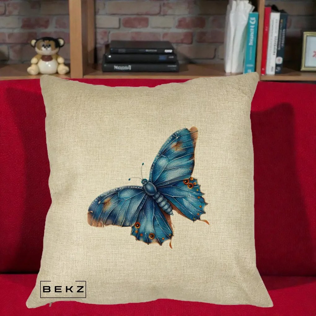 Perna Decorativa Fluture Albastru Satin cu Pete Aurii, 40x40 cm, Crem, Husa Detasabila, Perna Inclusa, BEKZ®