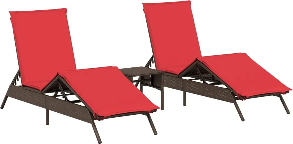 vidaXL Șezlonguri de plajă cu masă, 2 buc., maro, poliratan