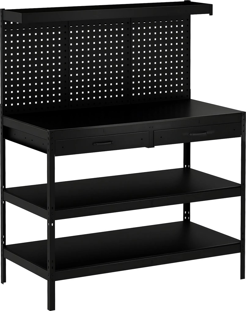 HOMCOM Banc de lucru cu rafturi reglabile, stație de lucru robustă cu panou perforat și 2 sertare, 122 x 61 x 156 cm, Negru | Aosom Romania