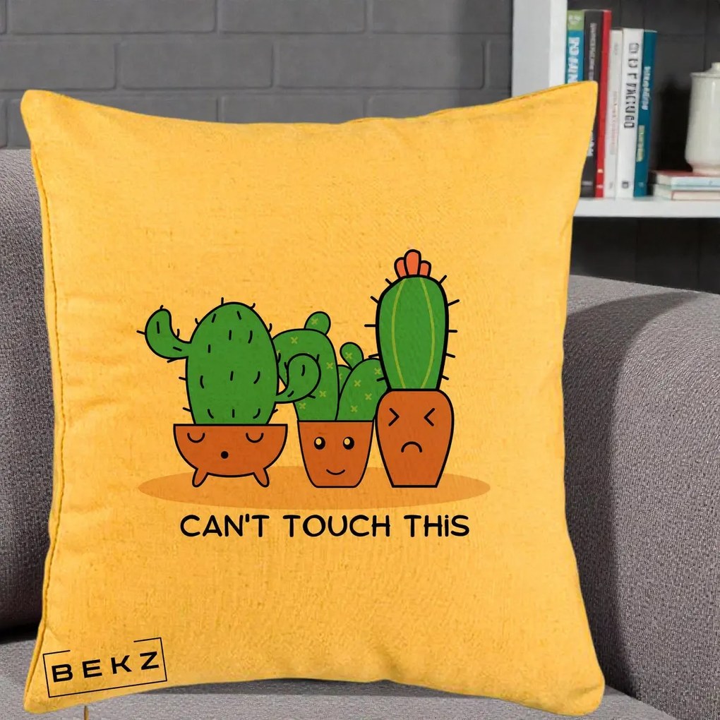 Perna Decorativa Cactus Funny Can't Touch This, 40x40 cm, Galben, Husa Detasabila, Perna Inclusa, BEKZ®