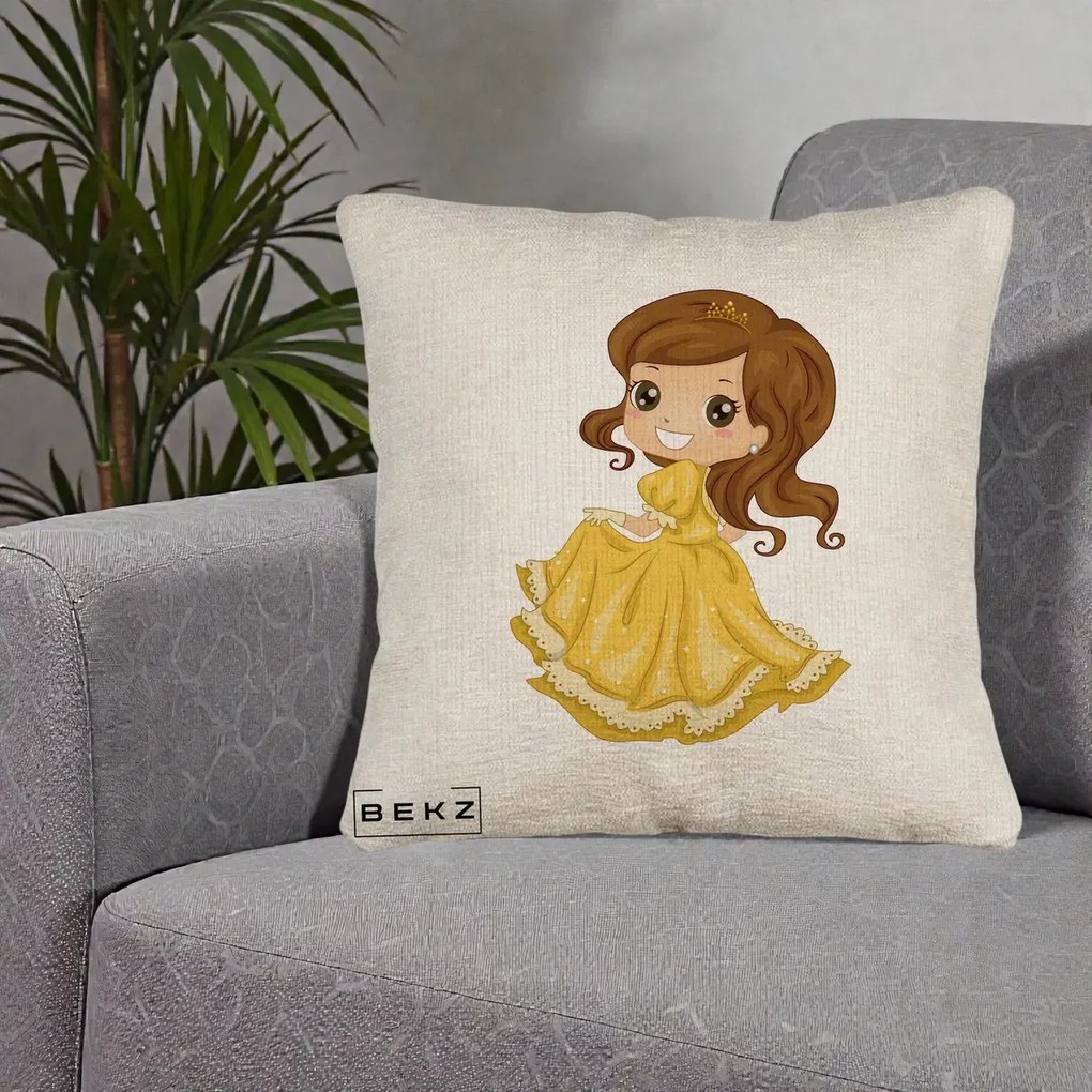 Perna Decorativa Printesa Bella Rochie Aurie, 40x40 cm, Bej Canapea, Husa Detasabila, Perna Inclusa, BEKZ®