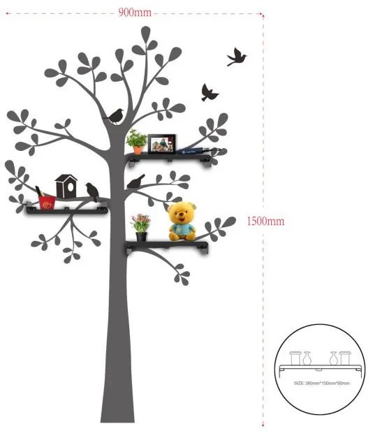 Sticker negru din plastic si vinil, cu rafturi incluse, 150 x 90 cm, Tree Mauro Ferreti