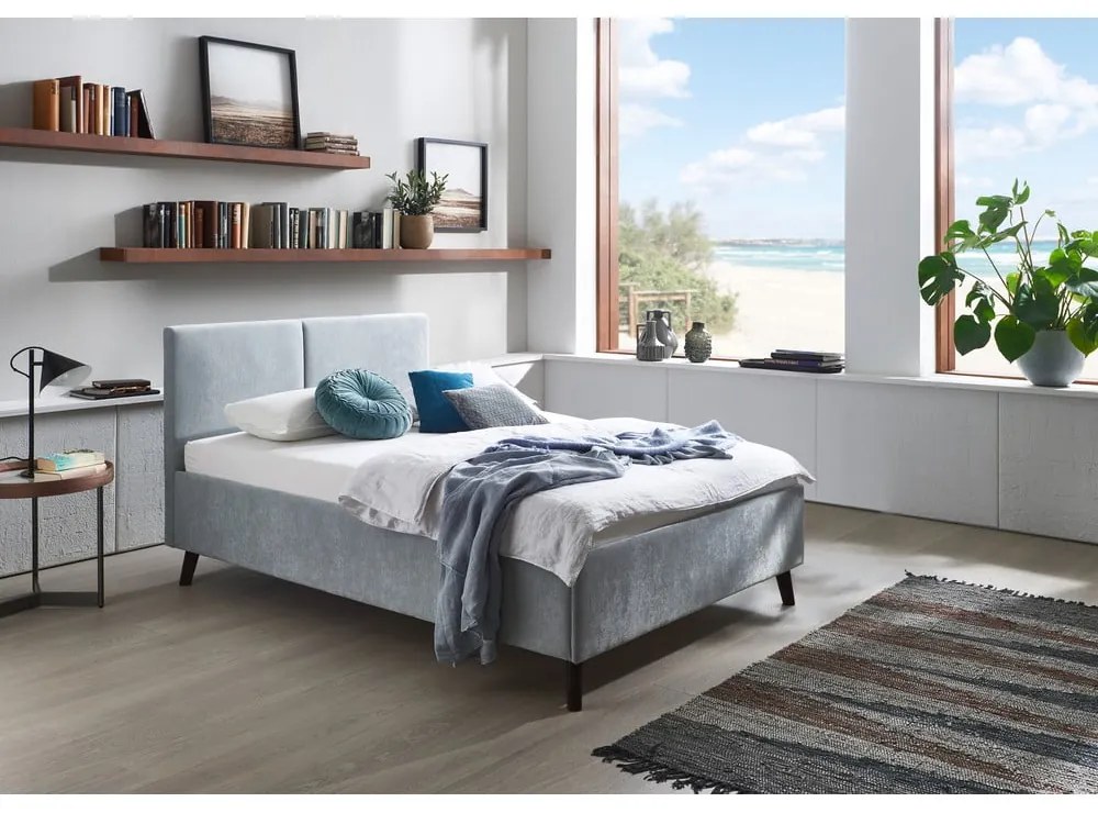 Pat matrimonial albastru deschis tapițat cu somieră 140x200 cm Piano – Meise Möbel