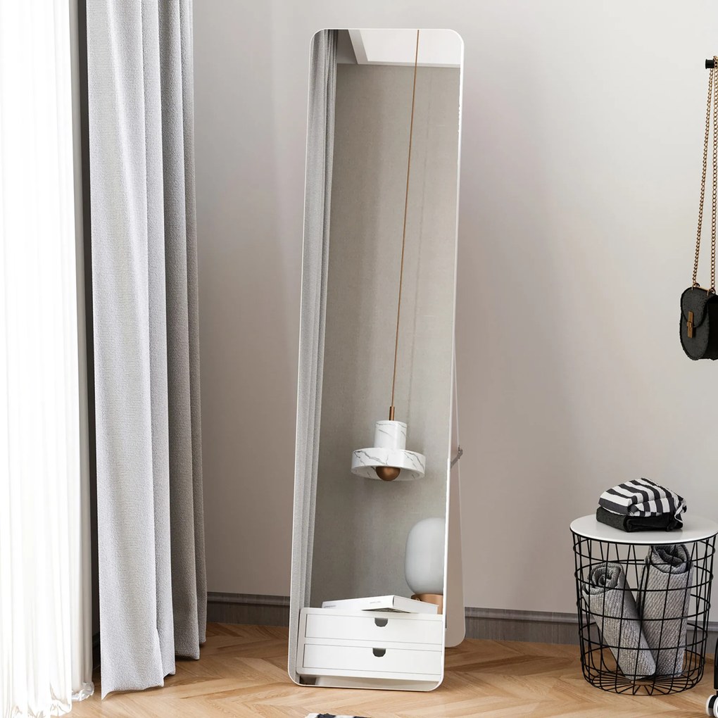 HOMCOM Oglindă pe Picior și de Perete dreptunghiulară dim. 37L x 43l x 156H cm Aspect Lemn Alb | Aosom Romania