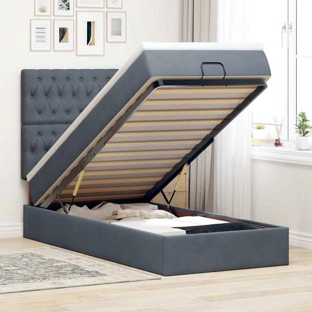 vidaXL Cadru de pat otoman cu saltele Gri închis 100x200cm catifea