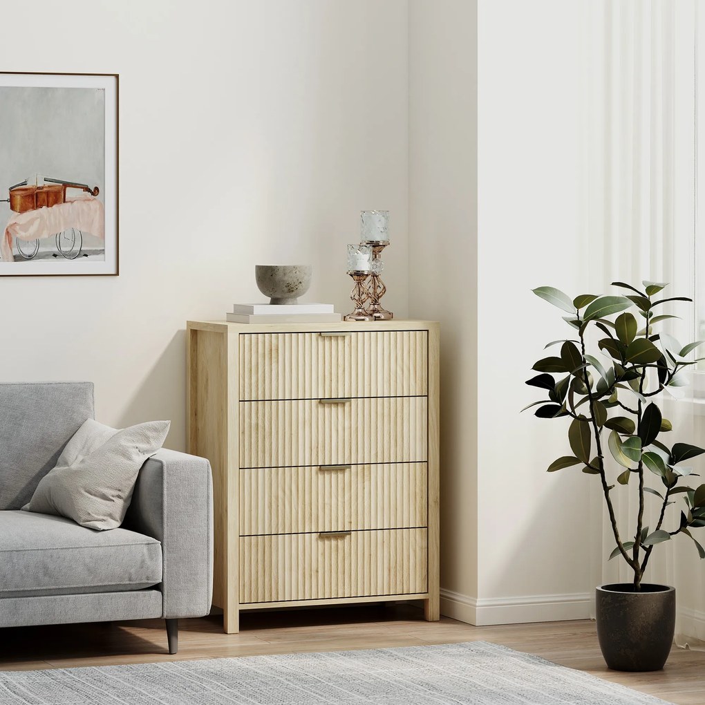 HOMCOM Comodă pentru Dormitor cu 4 Sertare Canelate, Comodă din Lemn cu Mânere Aurii, pentru Sufragerie, Sala de Mese și Hol, 70x38x93 cm, Lemn Natural | Aosom Romania