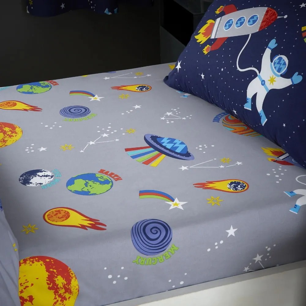 Cearceaf pentru copii gri pentru pat de o persoană cu elastic 90x190 cm Lost In Space – Catherine Lansfield