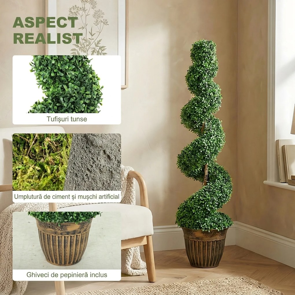 HOMCOM Set 2 plante artificiale buxus spiralate, 120 cm, cu ghiveci inclus, pentru decor interior și exterior, verde | Aosom Romania